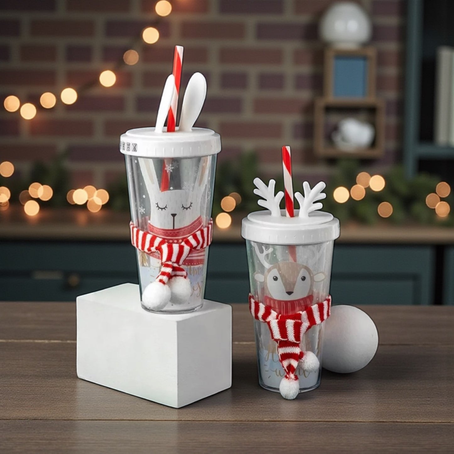 DOUBLE WALLED RABBIT & REINDEER SCARF TUMBLER CUP