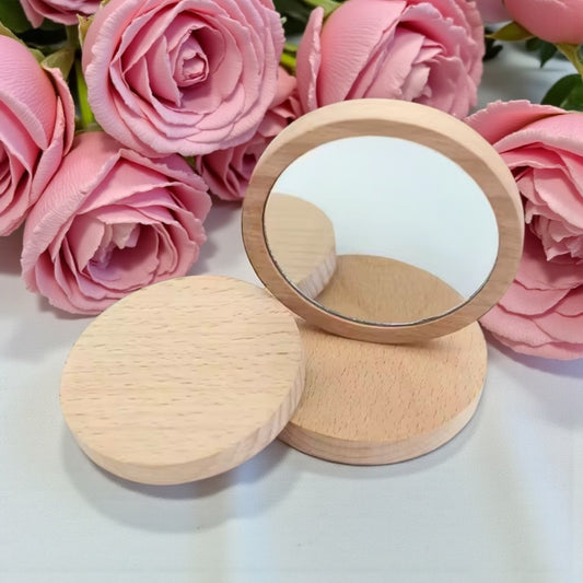 Small 8cm Solid Oak Wood Round Compact Mirror