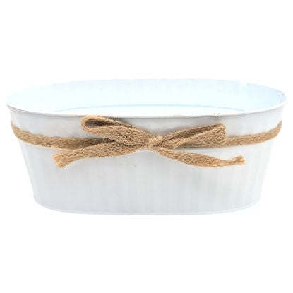 WHITE METAL PLANTER WITH HESSIAN BOW